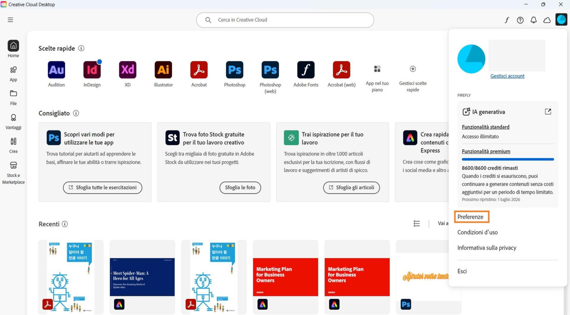 Il menu a discesa Account mostra opzioni come Preferenze, Esci e Account Adobe. 