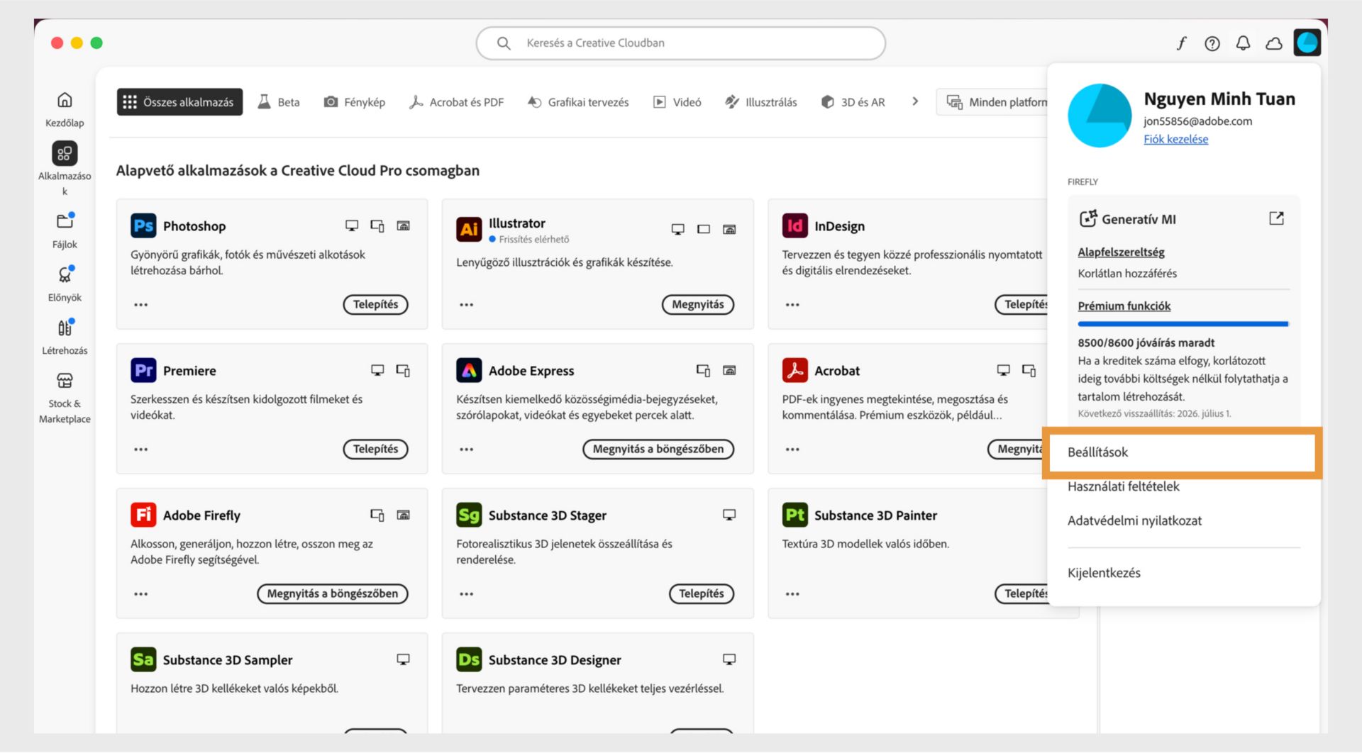 A Creative Cloud asztali alkalmazás jobb felső sarkában található Fiók menü ikon lehetővé teszi az alkalmazásbeállítások kiválasztását.