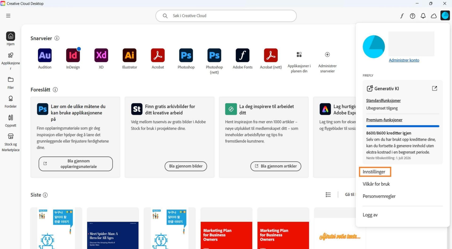 I Konto-rullegardinmenyen finner du bl.a. alternativene Innstillinger, Logg av og Adobe-konto. 
