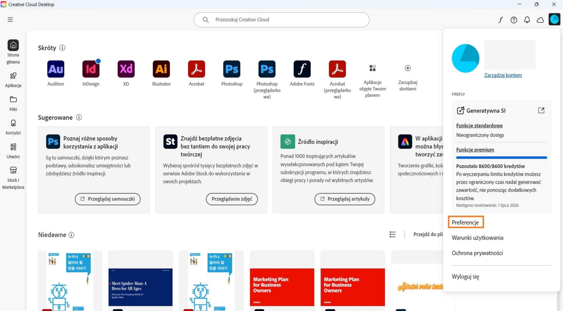 W menu konta dostępne są m.in. opcje Preferencje, Wyloguj i Konto Adobe. 