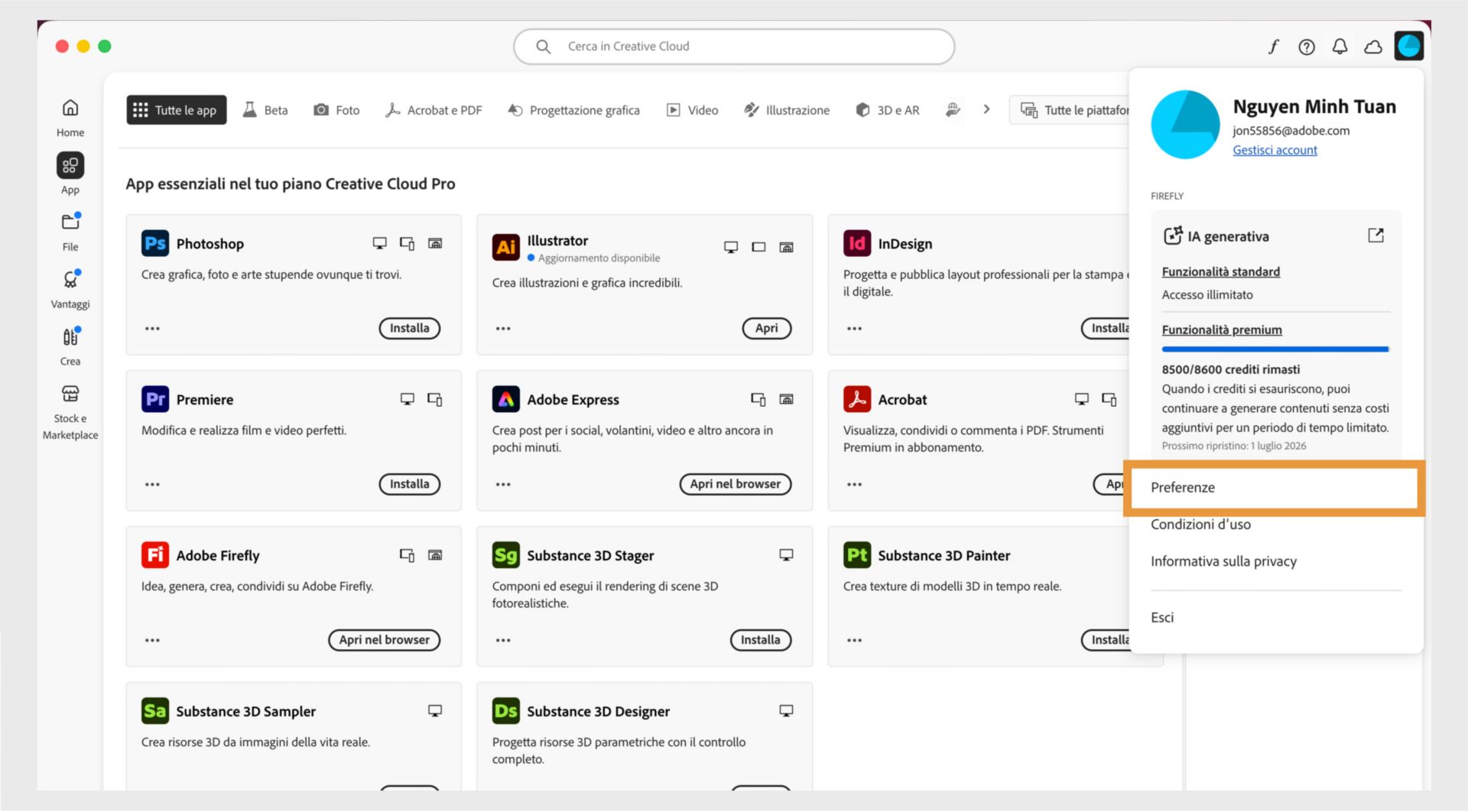 L'icona del menu Account nell'angolo in alto a destra dell'app Creative Cloud fornisce l'opzione per selezionare le preferenze dell'Applicazione.