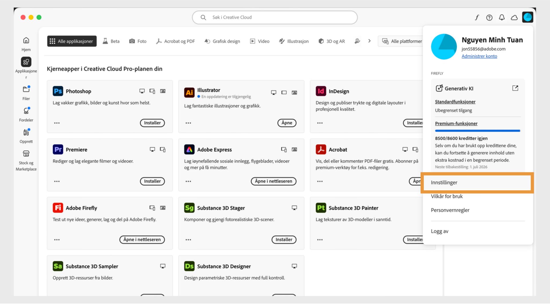Kontoikonet øverst til høyre i Creative Cloud-appen gir muligheten til å velge appinnstillinger.