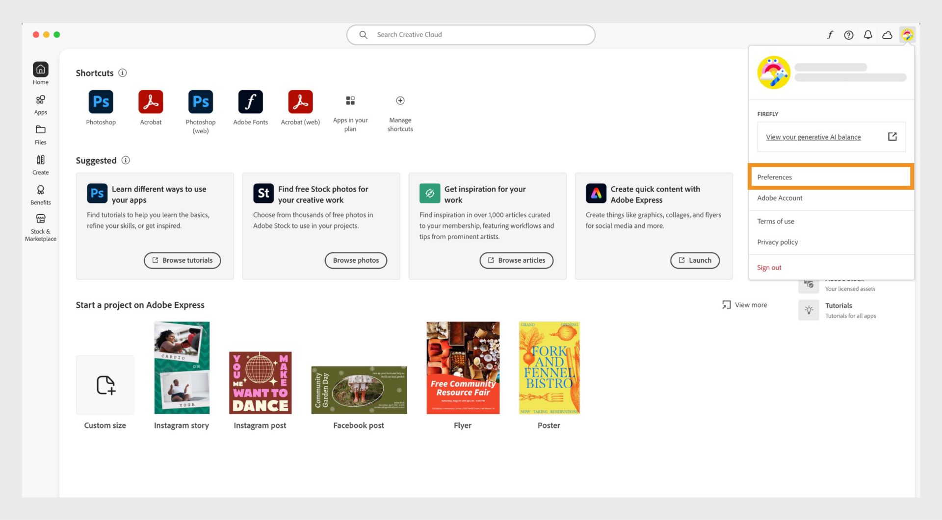 The Account menu shows options such as Preferences, Sign out, and monthly generative credits for Gen AI features. 