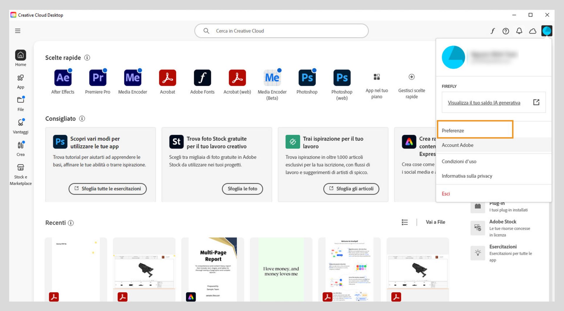 Il menu Account mostra opzioni come Preferenze, Esci e crediti generativi mensili per le funzioni di di IA generativa.