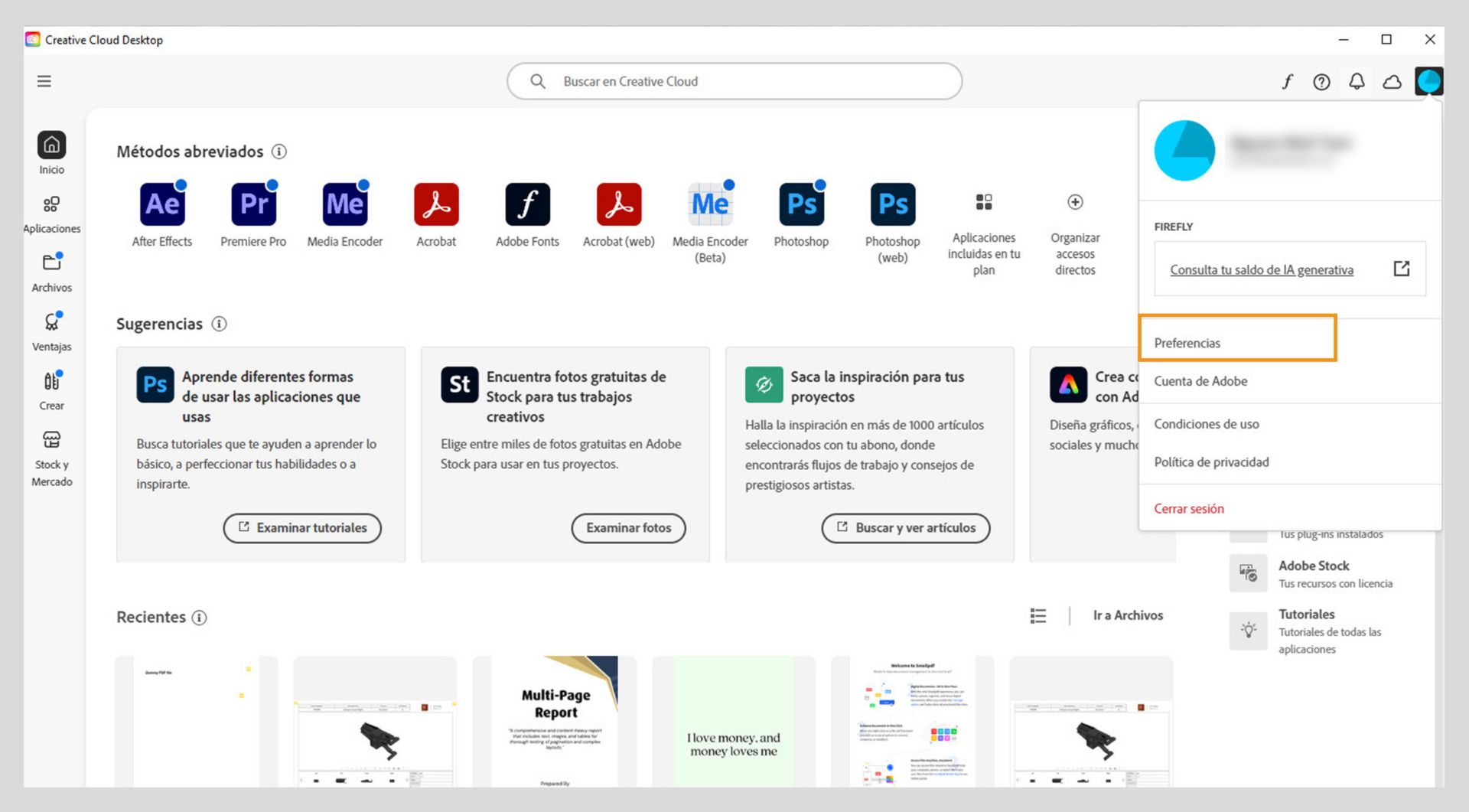 El menú Cuenta muestra opciones como Preferencias, Cerrar sesión y créditos generativos mensuales para las funciones de IA generativa. 