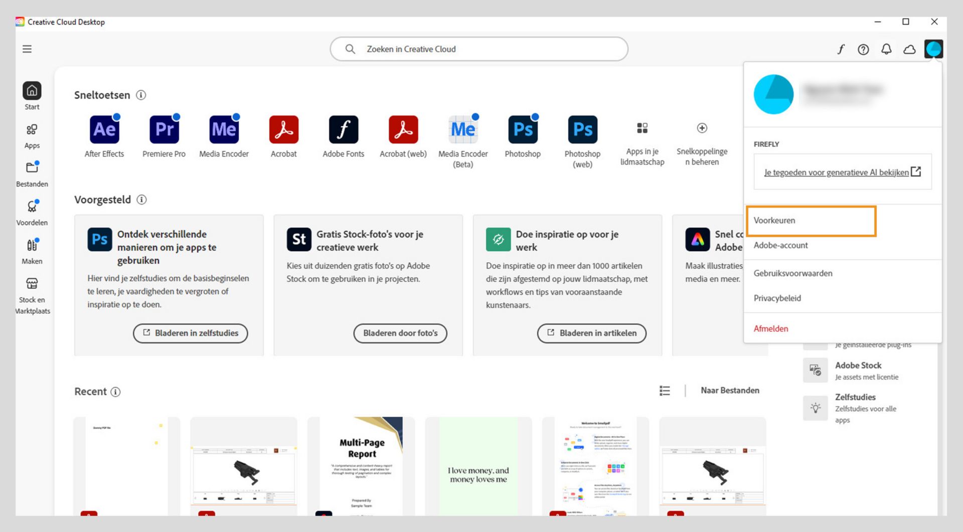 Het menu Account bevat opties zoals Voorkeuren, Afmelden en het aantal maandelijkse generatieve tegoeden voor generatieve AI-functies. 