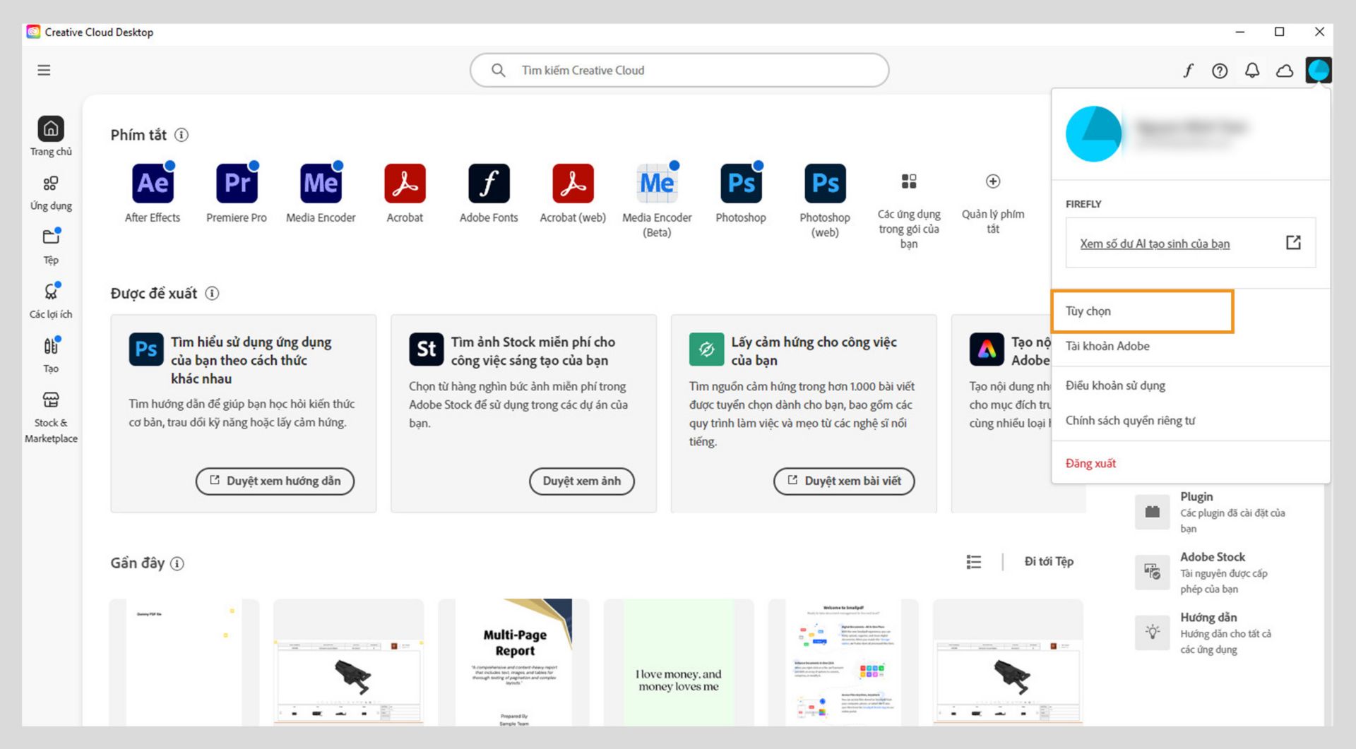 Chọn biểu tượng Tài khoản ở phía trên bên phải của ứng dụng Creative Cloud trên máy tính, sau đó chọn lựa chọn ưu tiên ứng dụng.