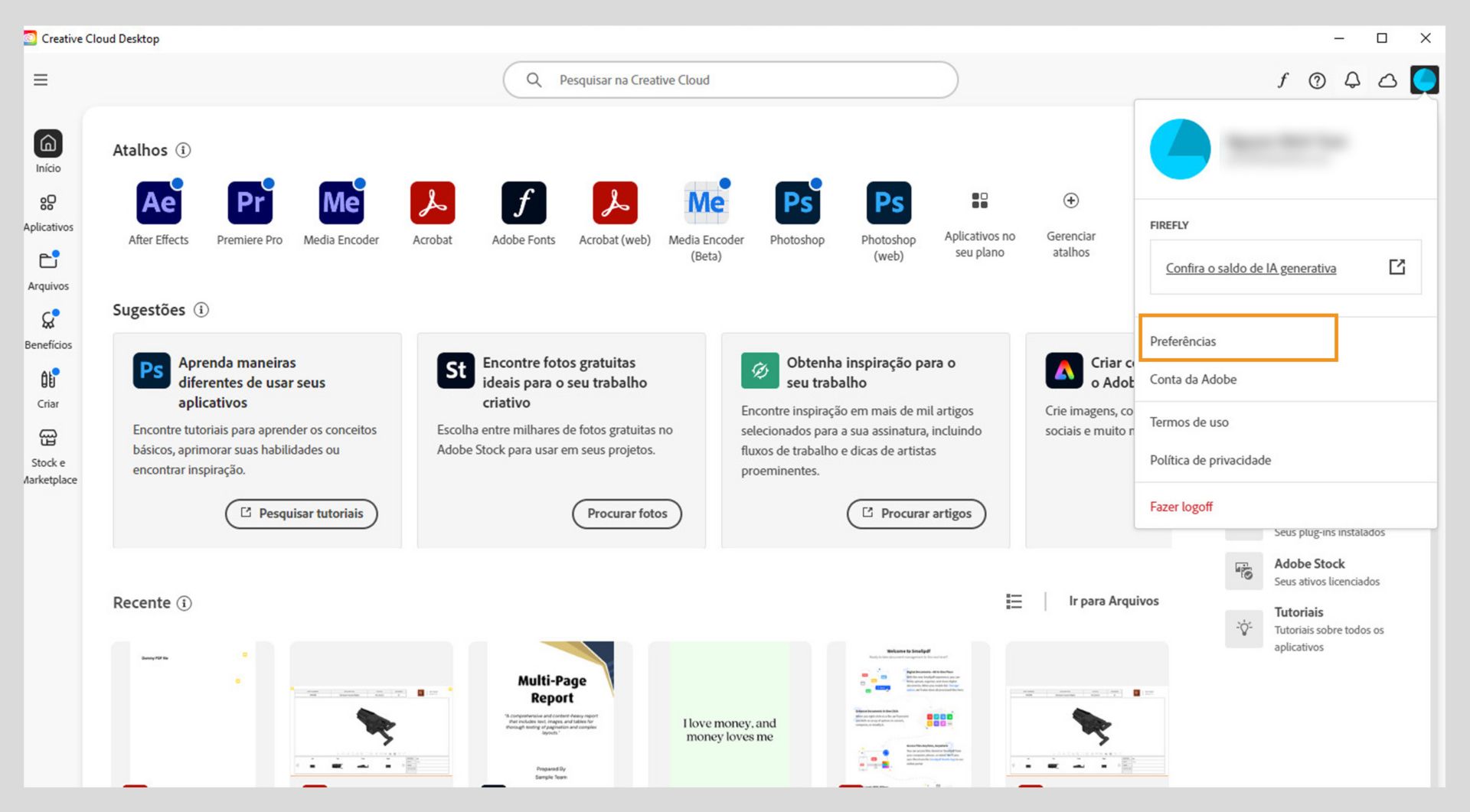 O menu Conta mostra opções como Preferências, Fazer logoff e os créditos generativos mensais de recursos da IA generativa. 