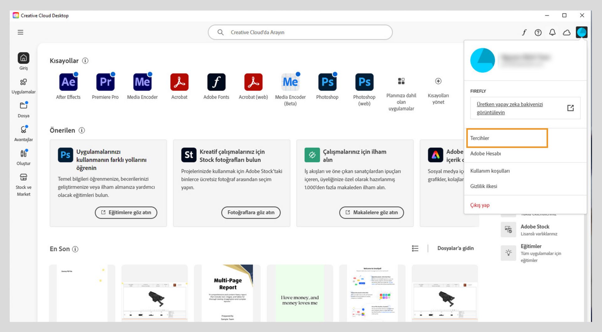 Creative Cloud masaüstü uygulamasının sağ üst köşesinde Hesap simgesi, uygulama tercihlerini seçmenize olanak tanır.