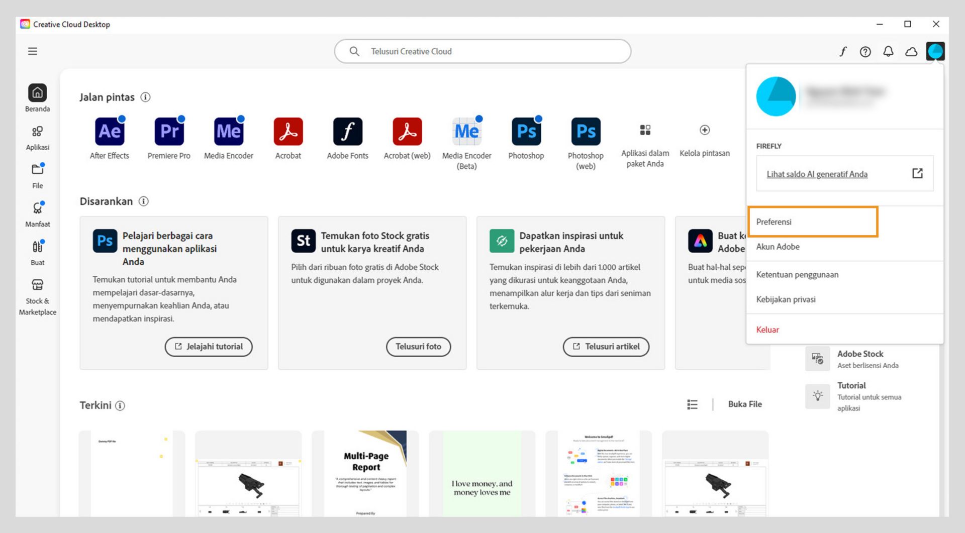 Ikon menu Akun di kanan atas aplikasi Creative Cloud Desktop menyediakan opsi untuk memilih preferensi aplikasi.