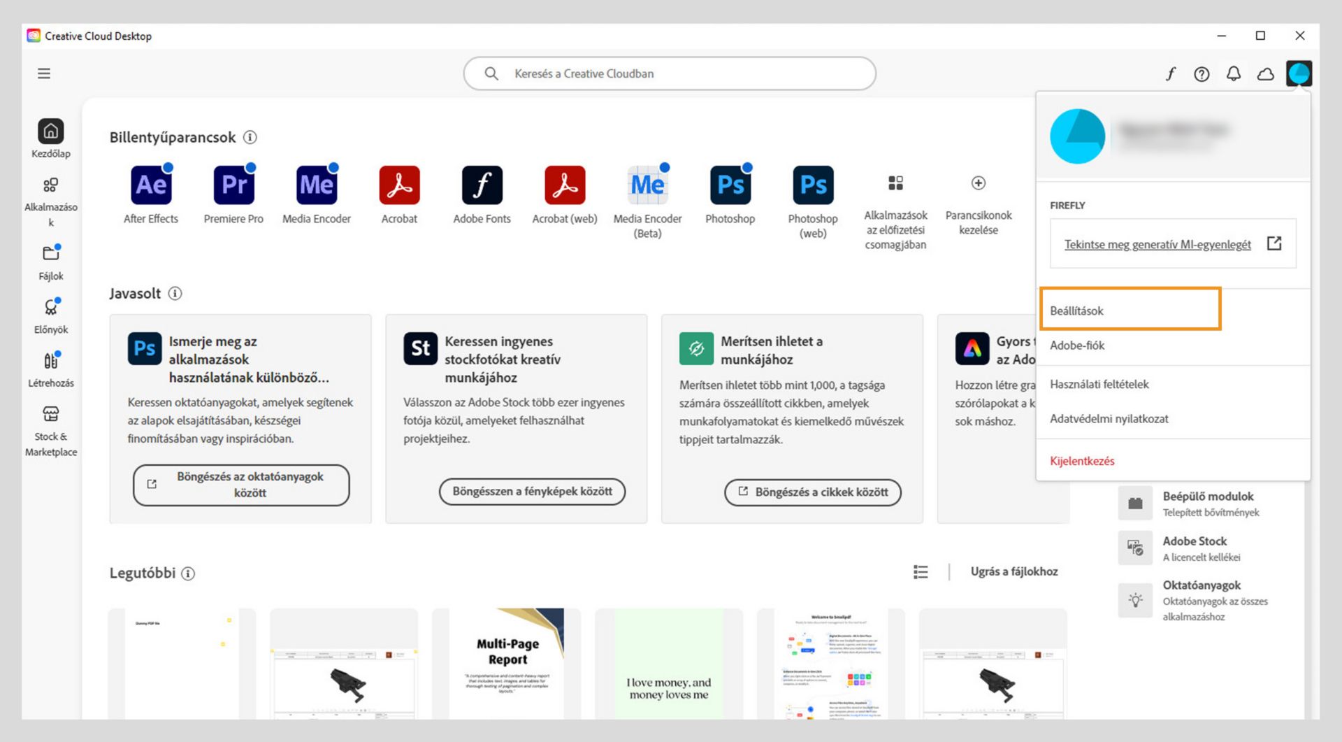 A Creative Cloud asztali alkalmazás jobb felső sarkában található Fiók menüikon lehetőséget ad az alkalmazásbeállítások kiválasztására.