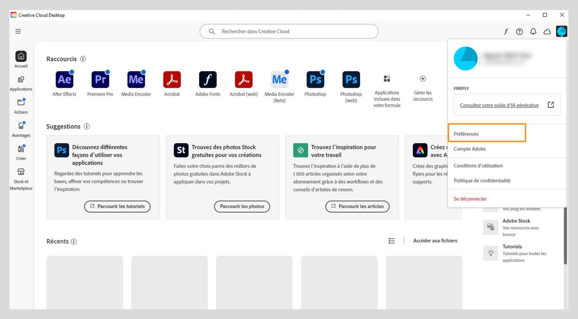 Le menu Compte affiche des options telles que Préférences, Déconnexion et Crédits mensuels génératifs pour les fonctionnalités d’IA générative. 