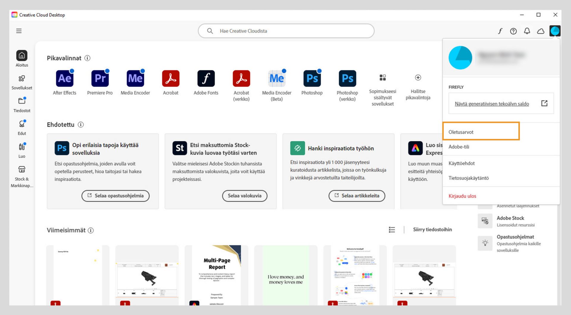Tili-valikkokuvake Creative Cloud ‑tietokonesovelluksen oikeassa yläkulmassa tarjoaa mahdollisuuden määrittää sovelluksen asetukset.