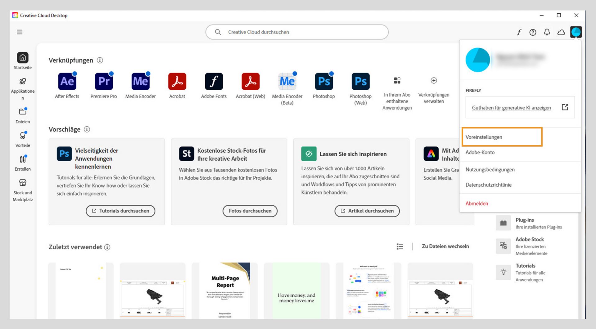 Das Konto-Menü-Symbol in der oberen rechten Ecke der Creative Cloud-Desktop-Applikation bietet die Möglichkeit, App-Einstellungen auszuwählen.