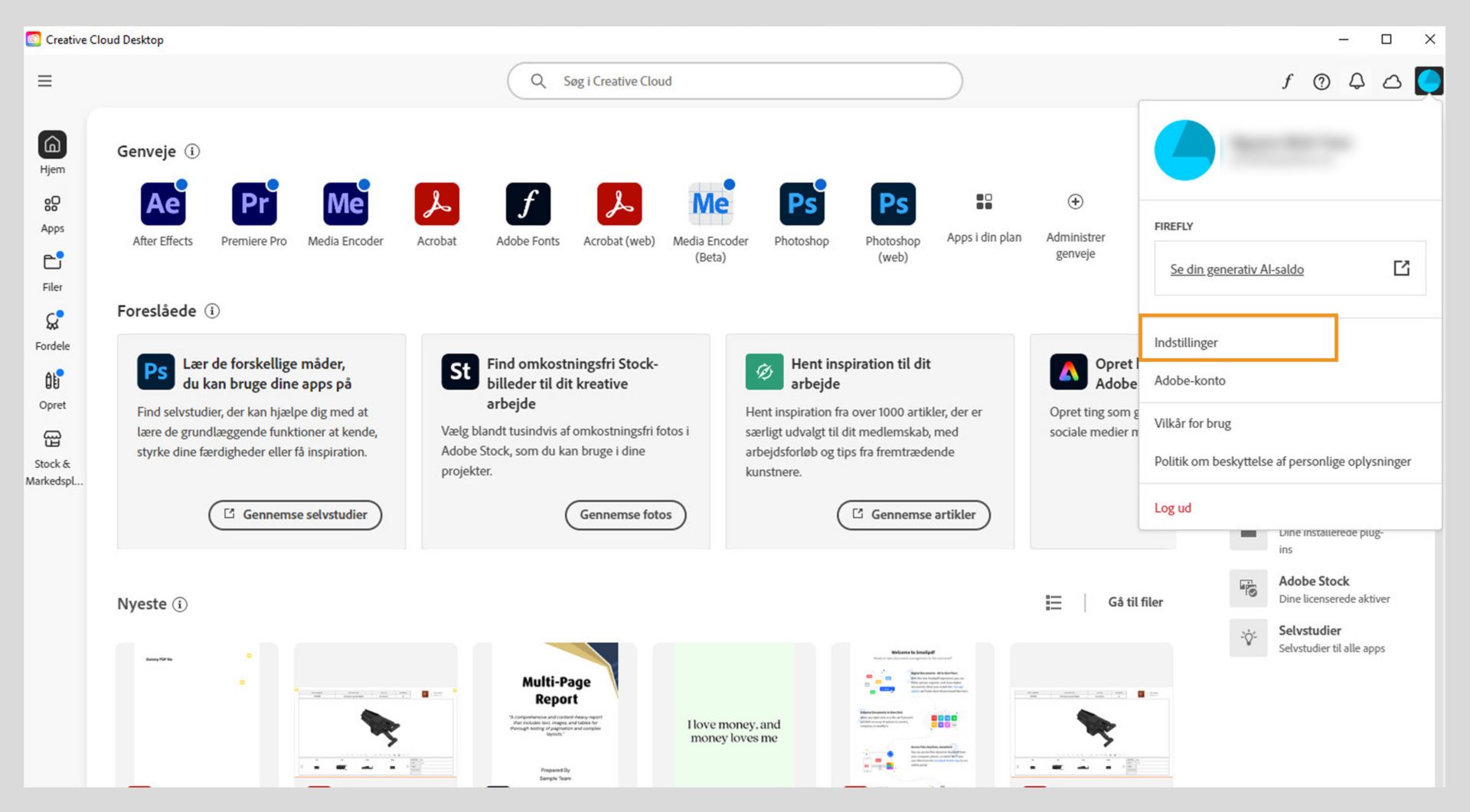 Kontomenuen viser valgmuligheder som Indstillinger, Log ud og månedlige generative kreditter til funktioner til generativ AI. 