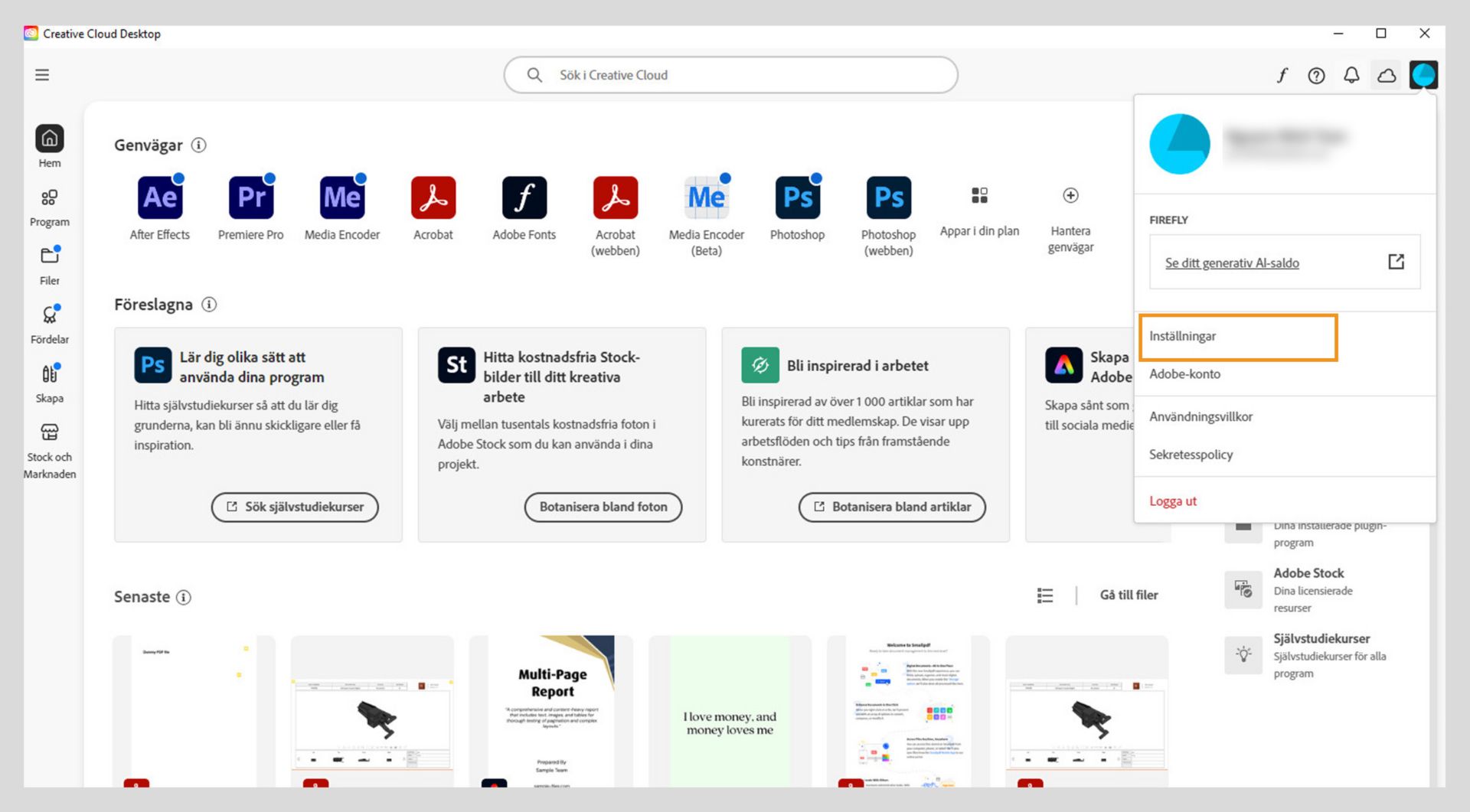 Kontomenyikonen i det övre högra hörnet av Creative Cloud-programmet ger alternativet att välja programinställningar.