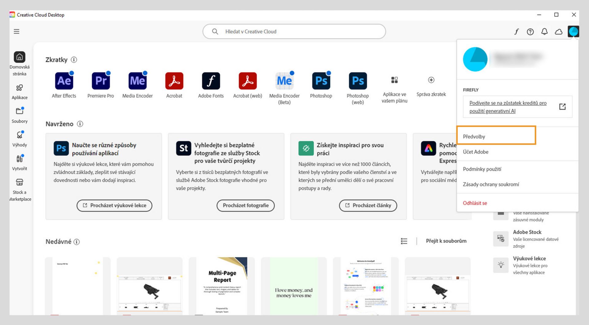 Ikona nabídky Účet v pravém horním rohu aplikace Creative Cloud poskytuje možnost vybrat předvolby aplikace.