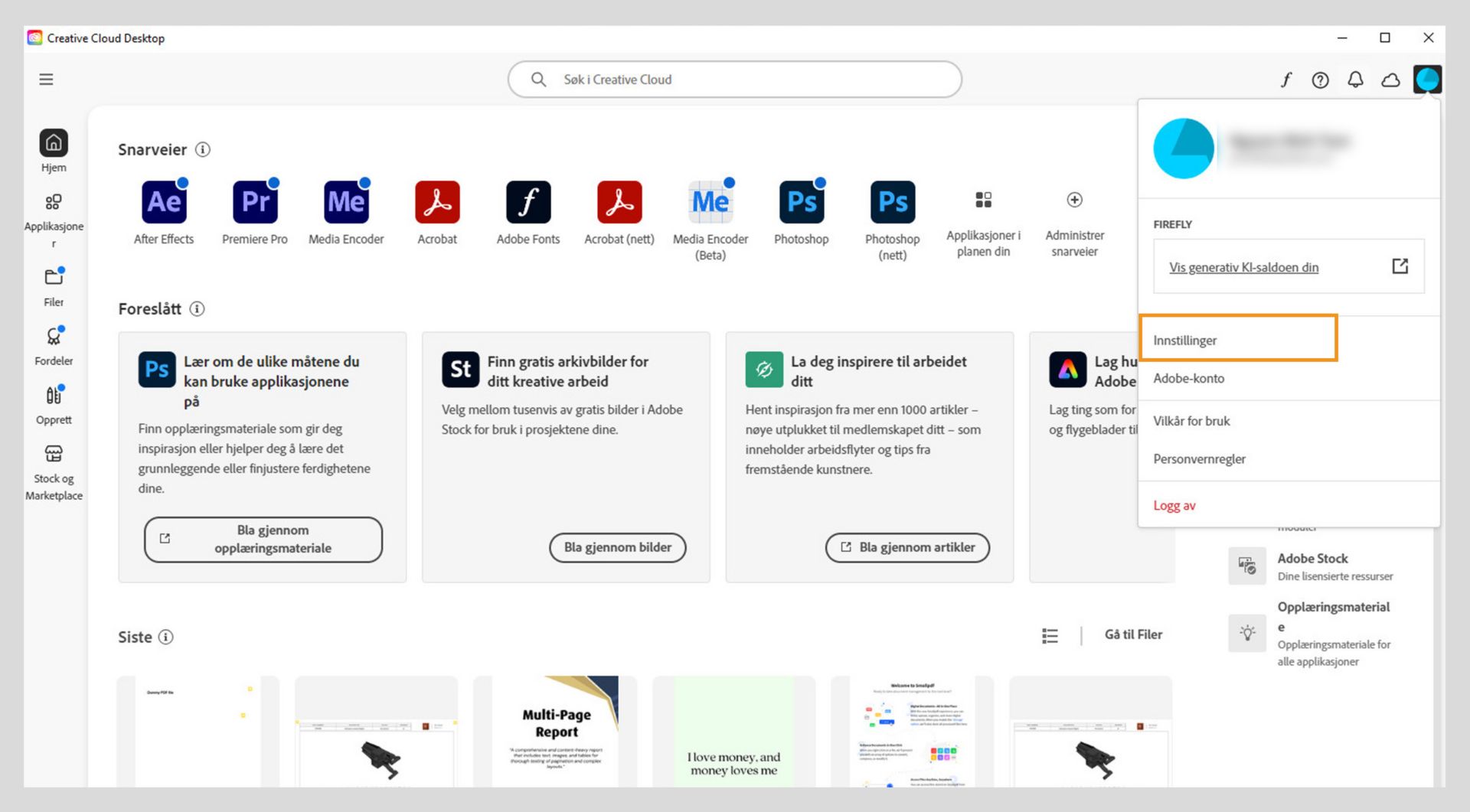 Kontoikonet øverst til høyre i Creative Cloud-appen gir muligheten til å velge appinnstillinger.