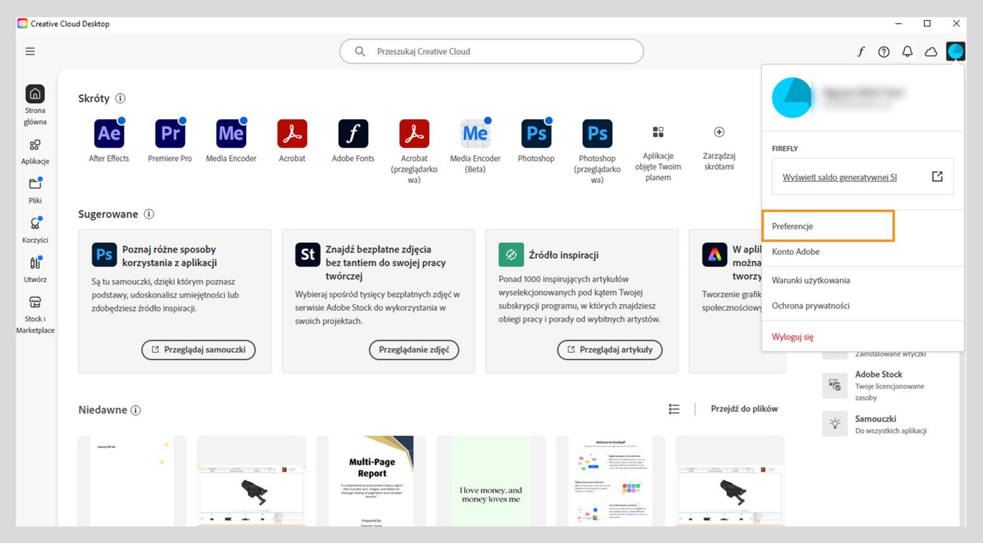 Ikona menu Konto w prawym górnym rogu aplikacji Creative Cloud Desktop umożliwia wybór preferencji aplikacji.