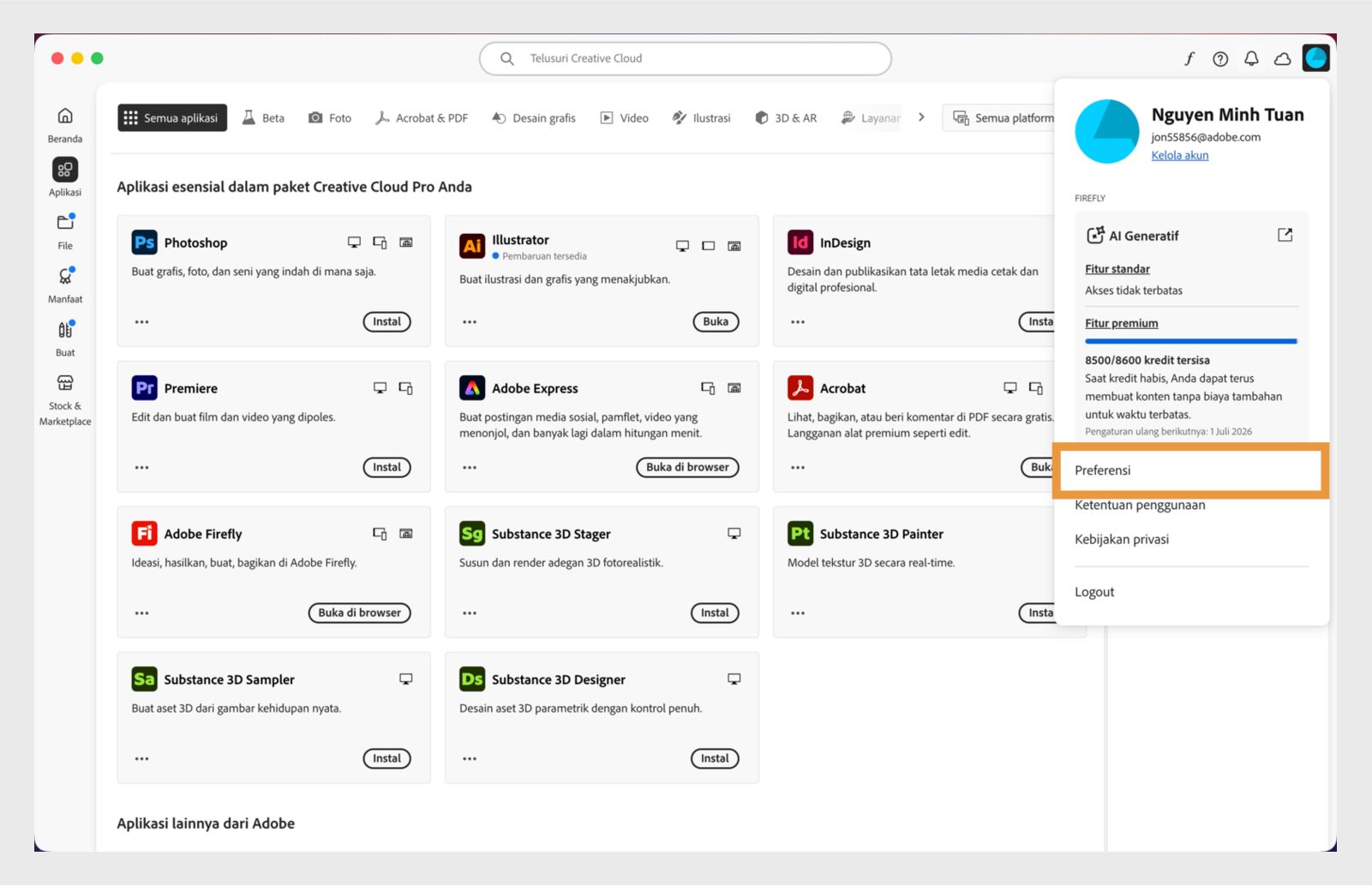 Layar beranda aplikasi desktop Creative Cloud menampilkan menu drop-down Akun dengan opsi untuk Logout. 
