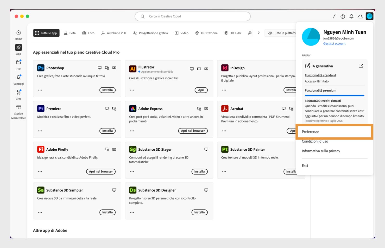 Il menu Account contiene opzioni come Preferenze, Esci e crediti generativi mensili per le funzionalità di IA generativa. 