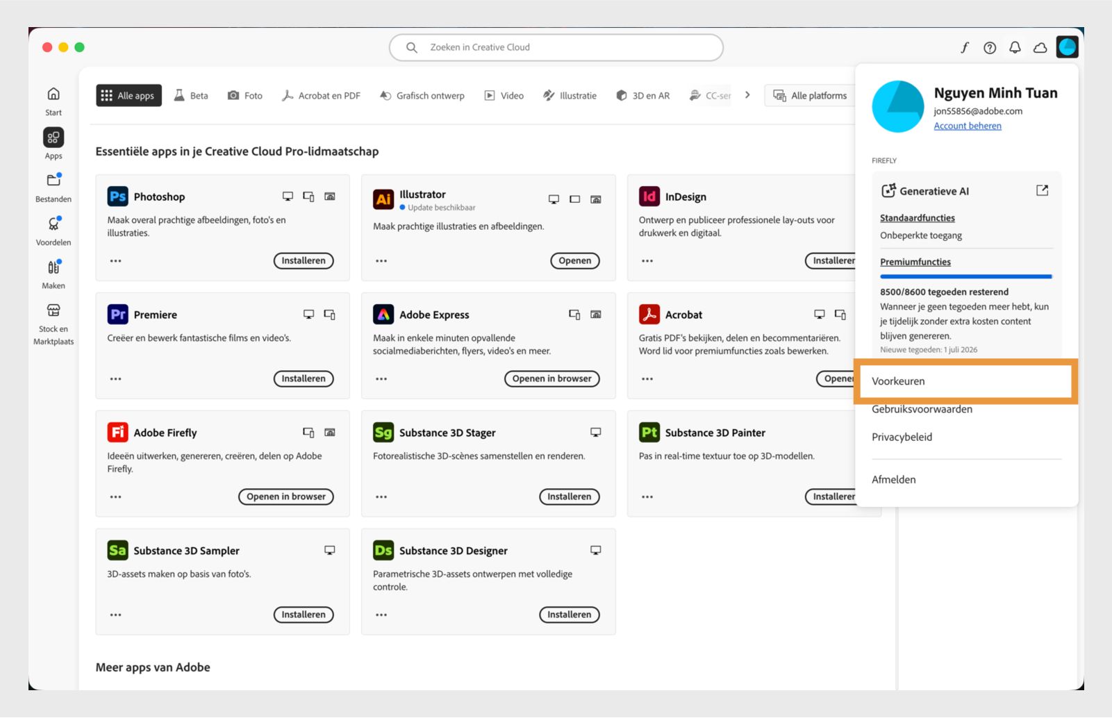 Het startscherm van de Creative Cloud desktop-applicatie toont het vervolgkeuzemenu Account met de optie om af te melden. 