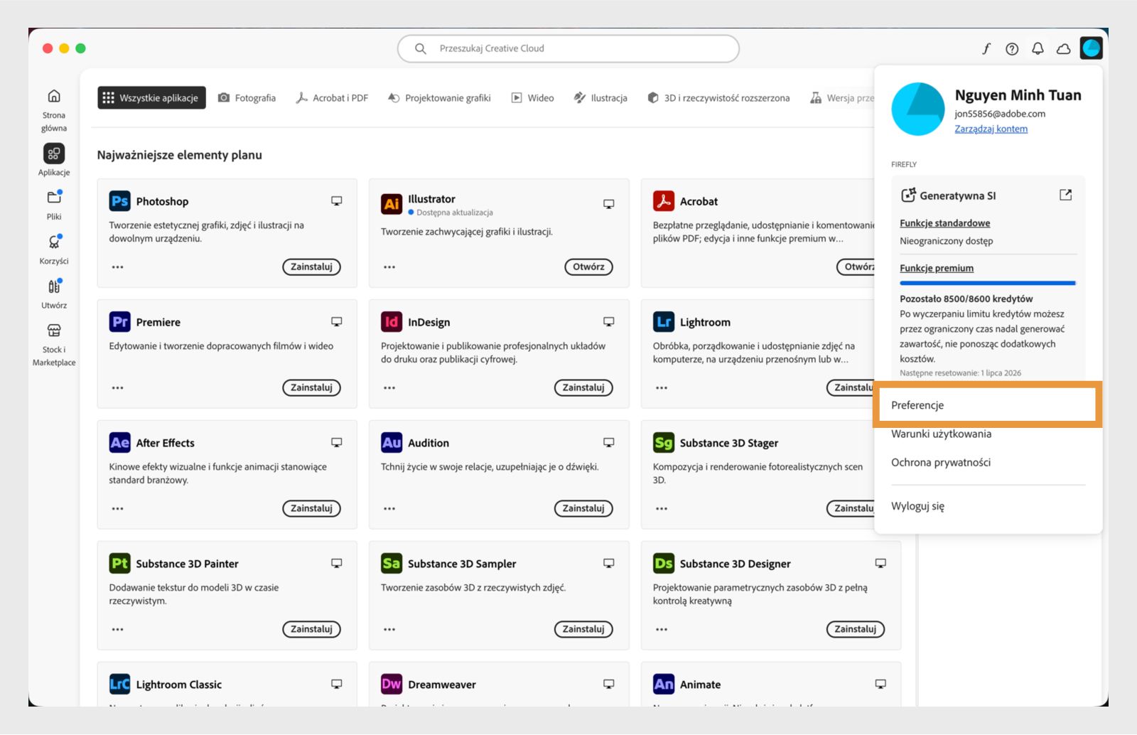 Ekran główny aplikacji Creative Cloud Desktop wyświetla menu rozwijane Konto z opcją Wyloguj się. 