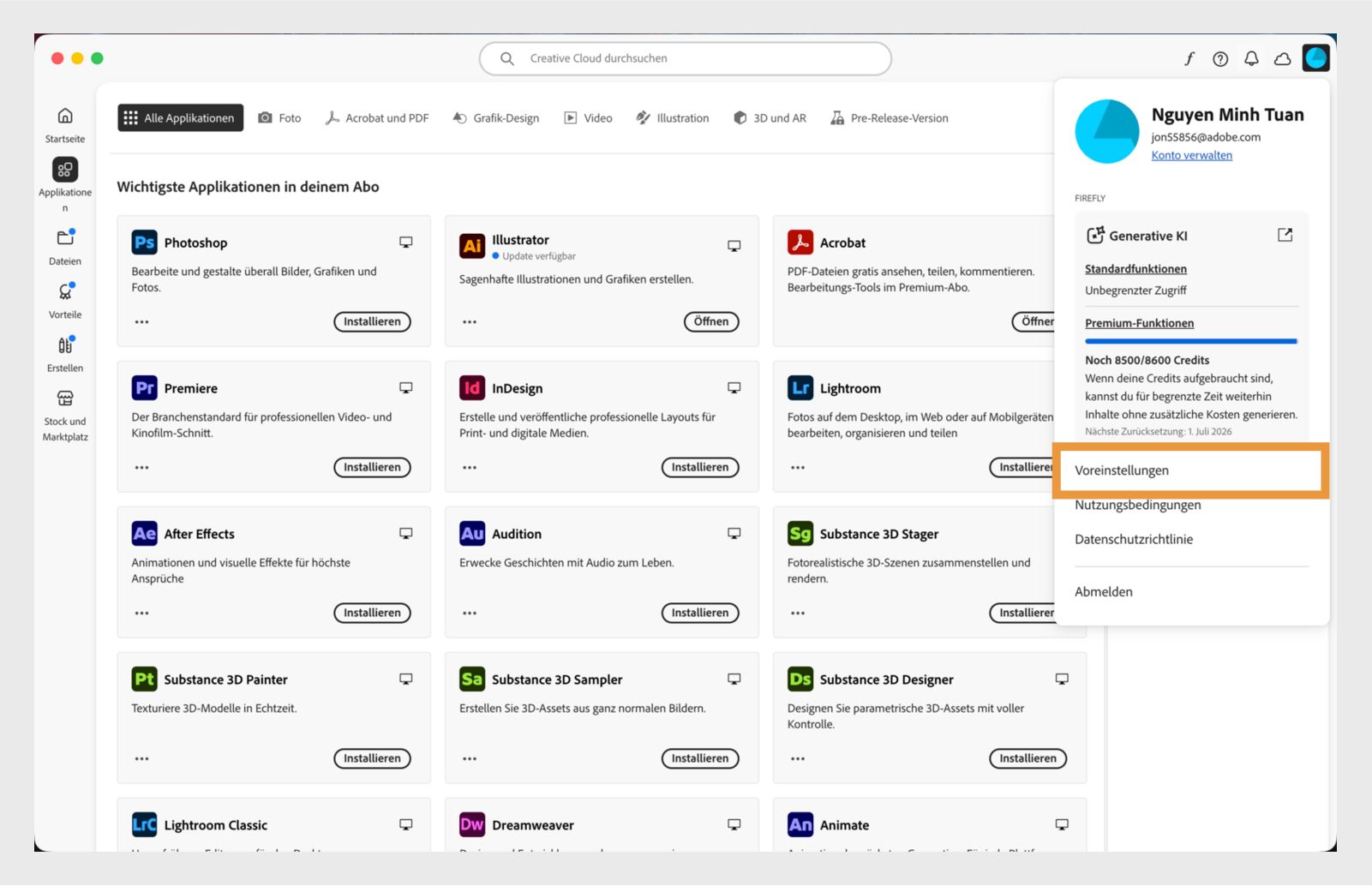 Auf dem Startbildschirm des Creative Cloud-Clients wird das Dropdown-Menü „Konto“ mit der Option „Abmelden“ angezeigt. 