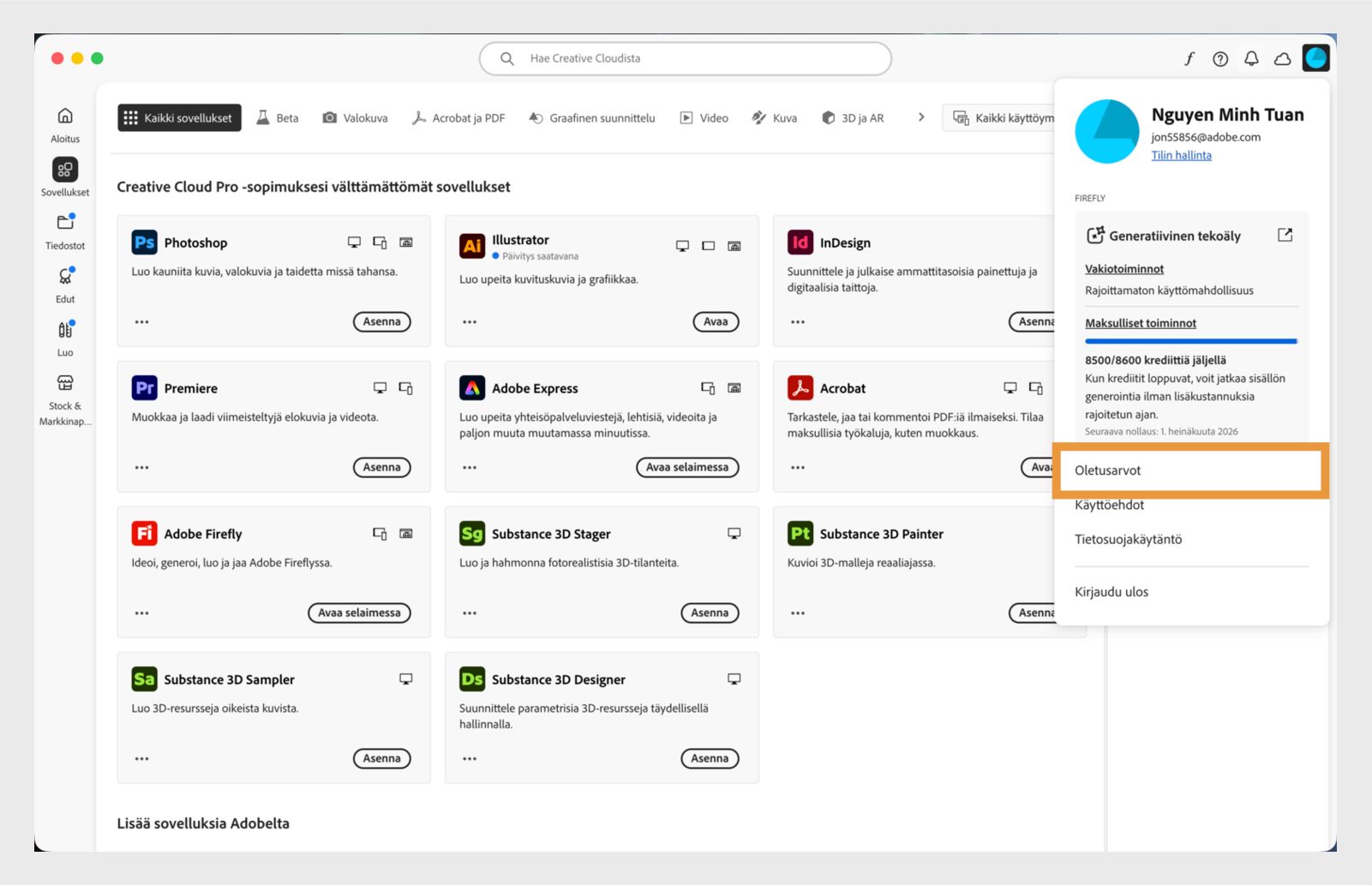 Creative Cloud -tietokonesovelluksen aloitusnäytössä näkyy avattava Tili-valikko ja Kirjaudu ulos -vaihtoehto. 