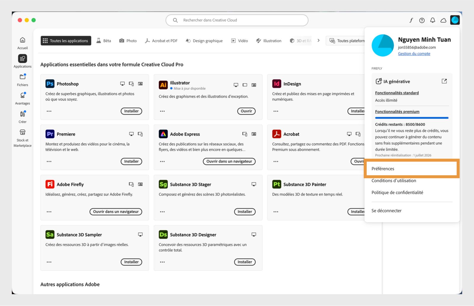 Fenêtre de l'application de bureau Creative Cloud affichant l'option Préférences dans le menu contextuel.