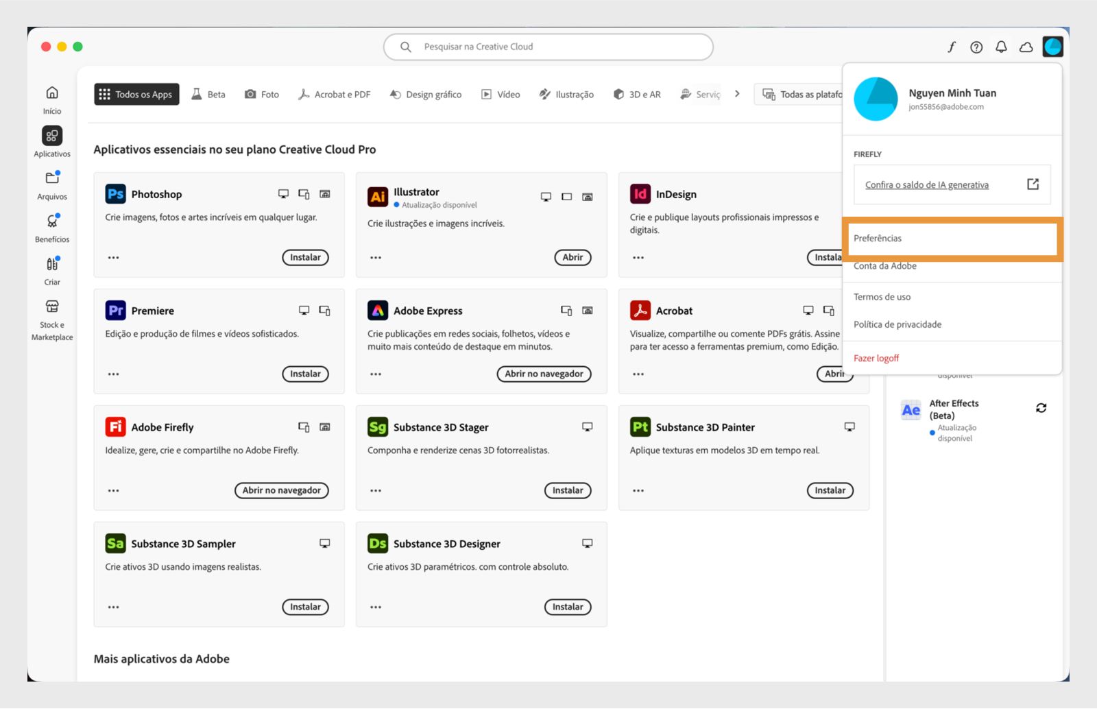 Janela do aplicativo Creative Cloud para Desktop exibindo a opção Preferências no menu de contexto.