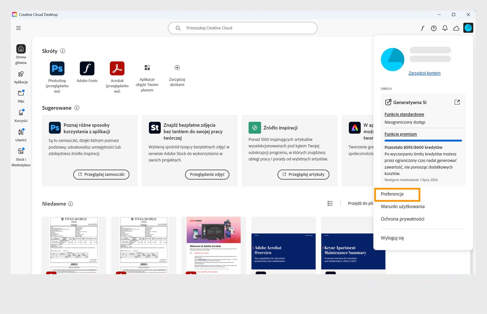 W menu konta dostępne są m.in. opcje Preferencje, Wyloguj i Konto Adobe. 