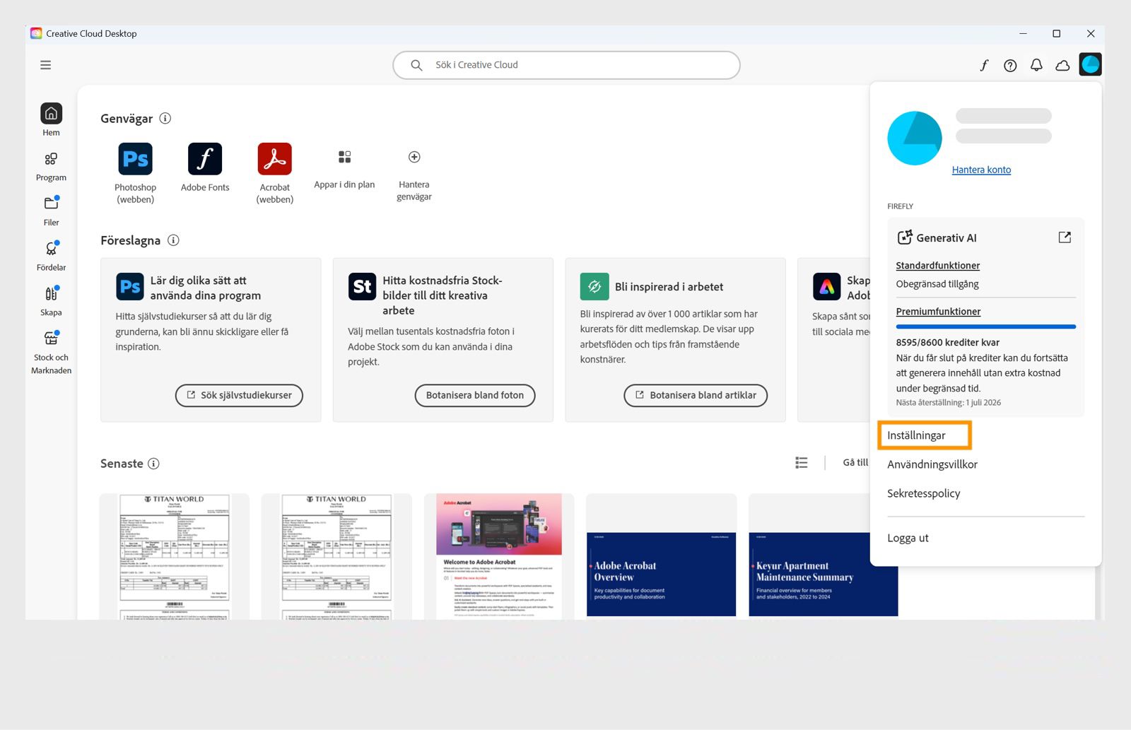 I listrutan Konto visas alternativ som Inställningar, Logga ut och Adobe-konto. 