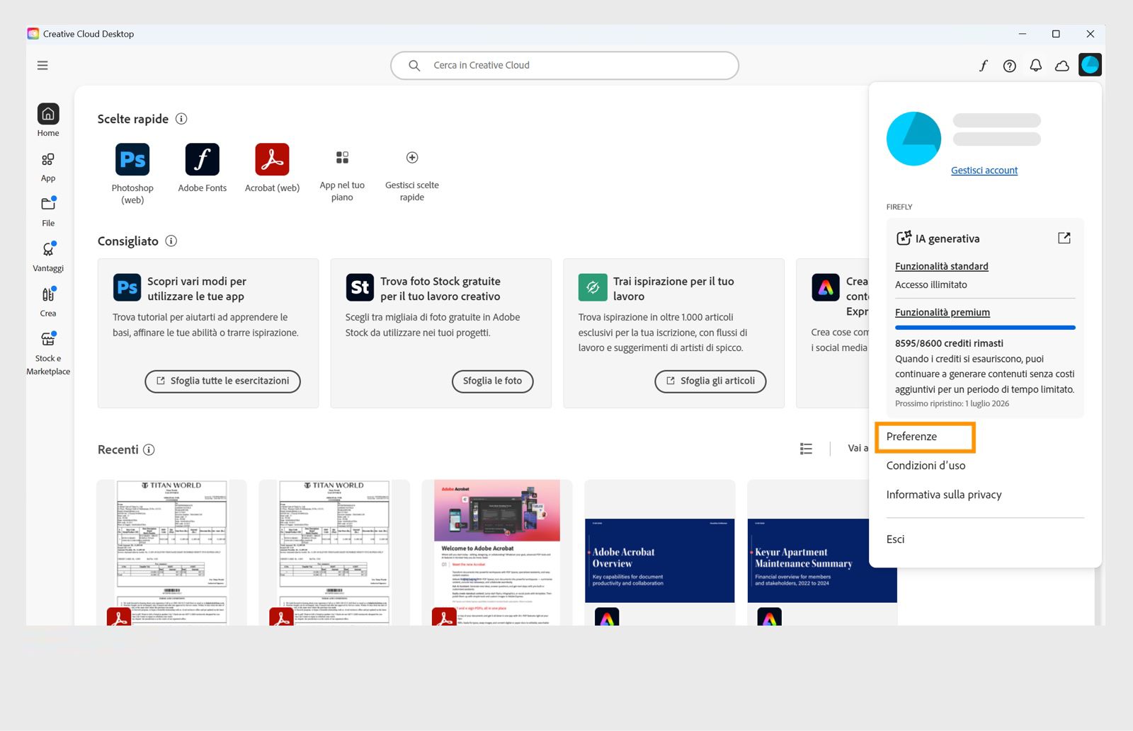 Il menu a discesa Account mostra opzioni come Preferenze, Esci e Account Adobe. 