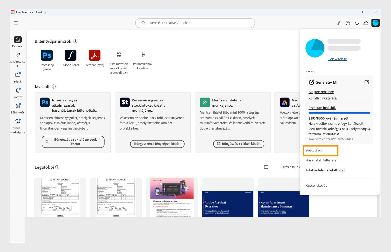 A Fiók legördülő menüben olyan opciók láthatók, mint a Beállítások, Kijelentkezés és Adobe-fiók. 