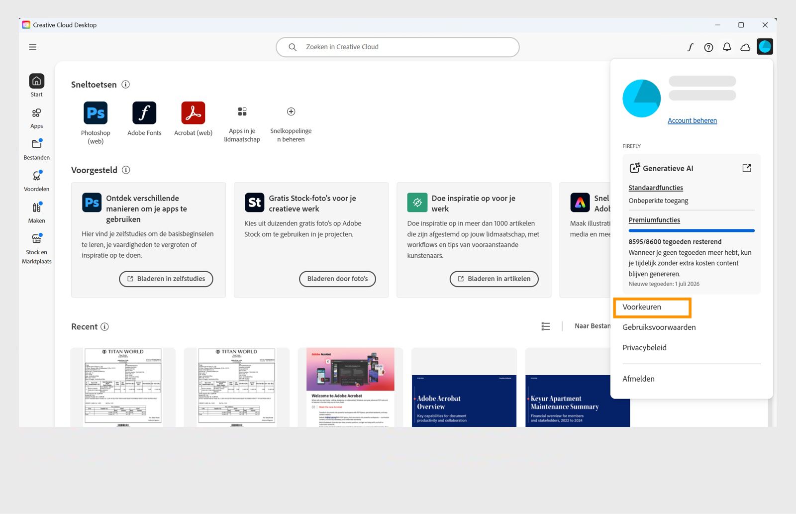 De vervolgkeuzelijst Account bevat opties zoals Voorkeuren, Afmelden en Adobe-account. 