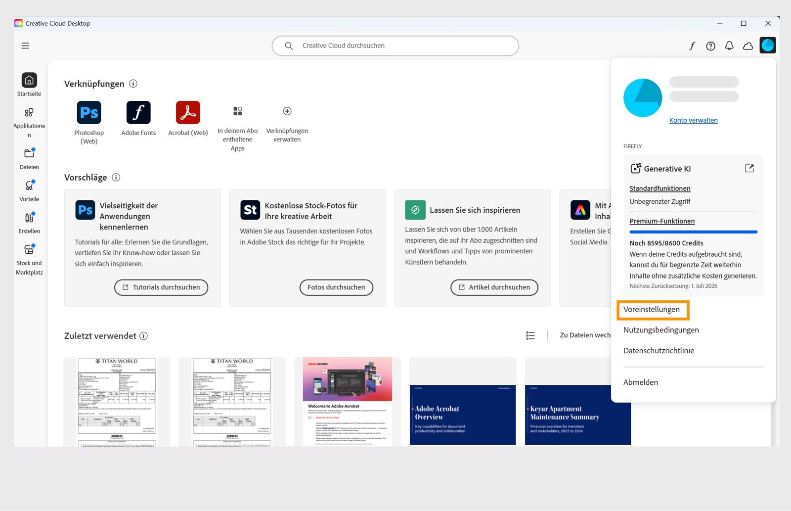 Im Dropdown-Menü „Konto“ werden Optionen wie „Voreinstellungen“, „Abmelden“ und „Adobe-Konto“ angezeigt.