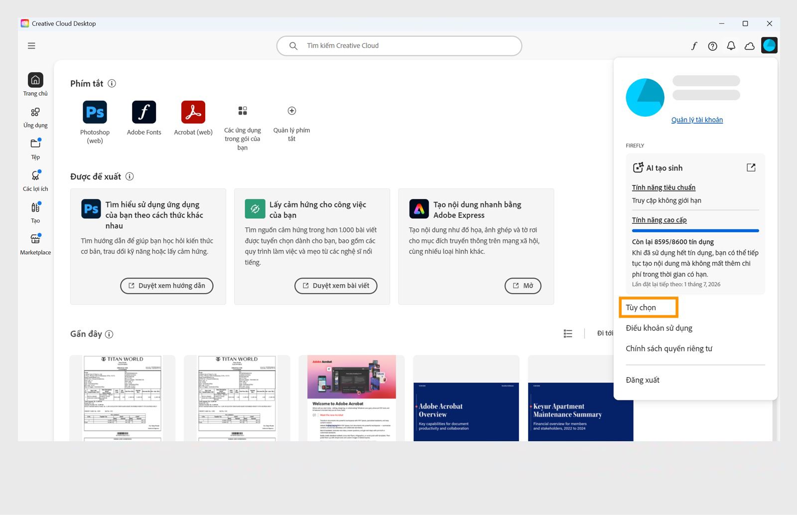 Menu thả xuống Tài khoản hiển thị các tùy chọn như Tùy chọn, Đăng xuất và Tài khoản Adobe. 