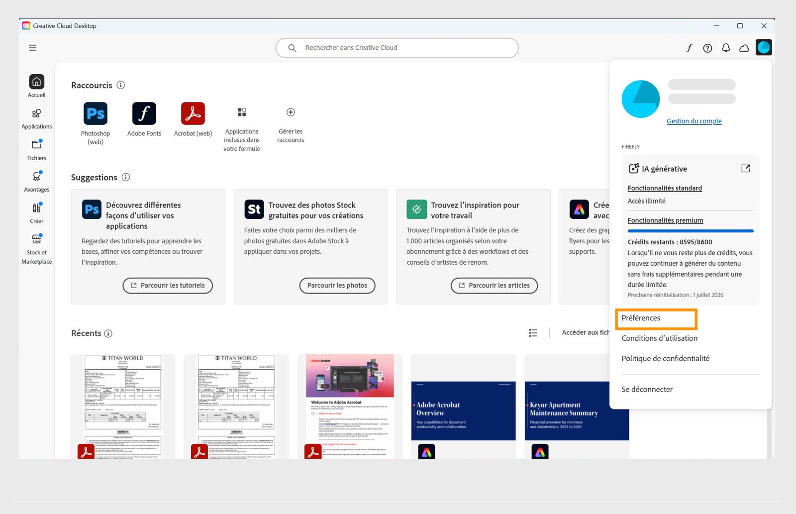 Le menu déroulant Compte affiche des options telles que Préférences, Se déconnecter et Compte Adobe. 