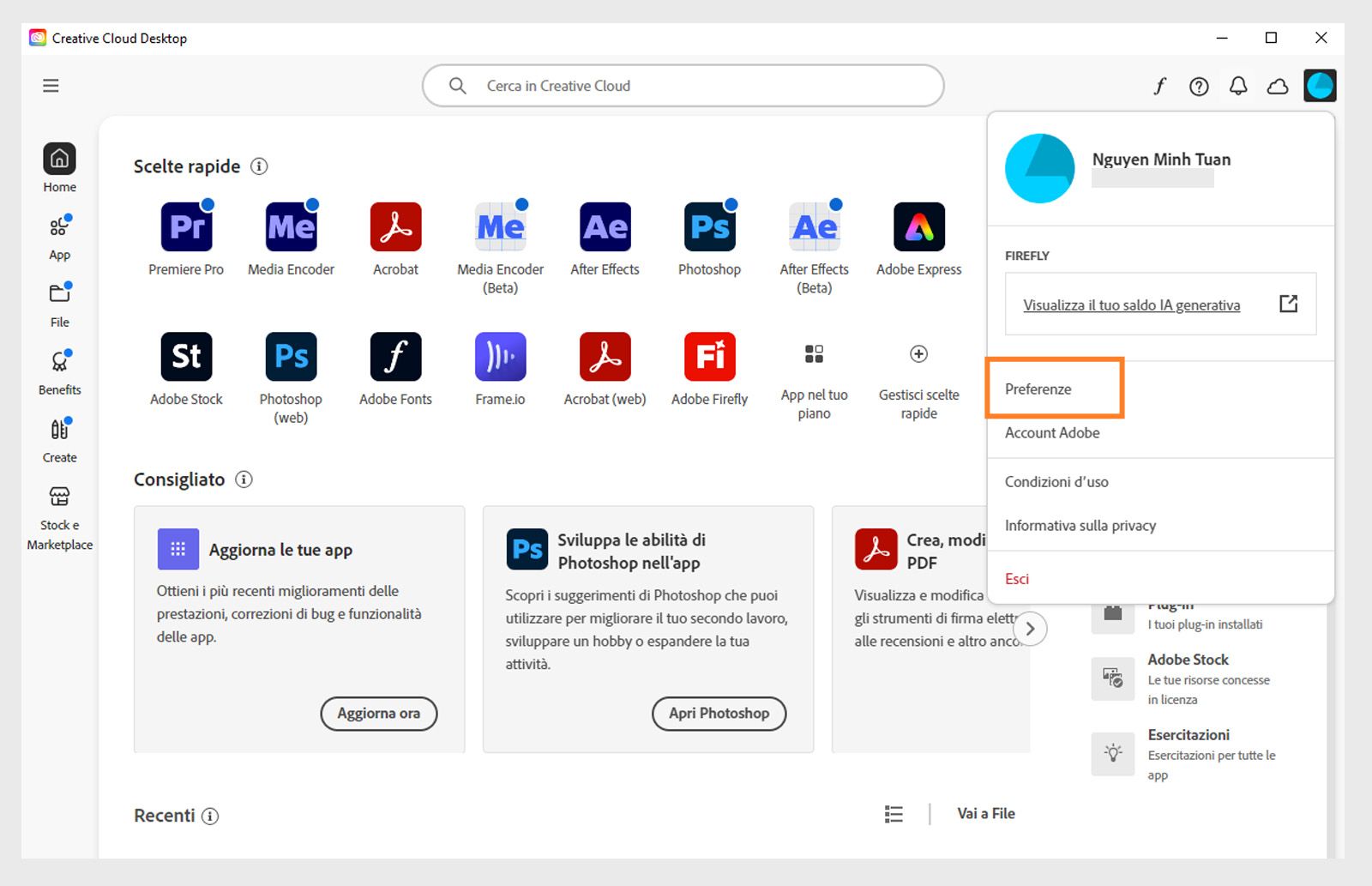 Il menu Account contiene opzioni come Preferenze, Esci e crediti generativi mensili per le funzionalità di IA generativa. 