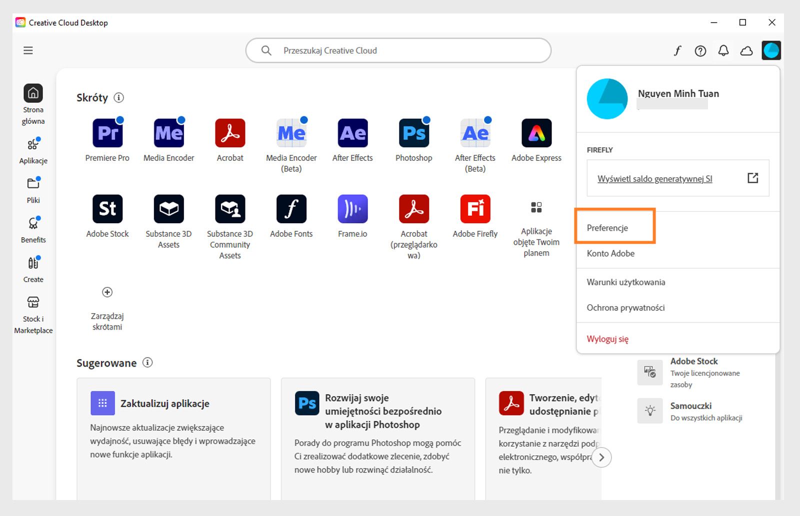 Ekran główny aplikacji Creative Cloud Desktop wyświetla menu rozwijane Konto z opcją Wyloguj się. 