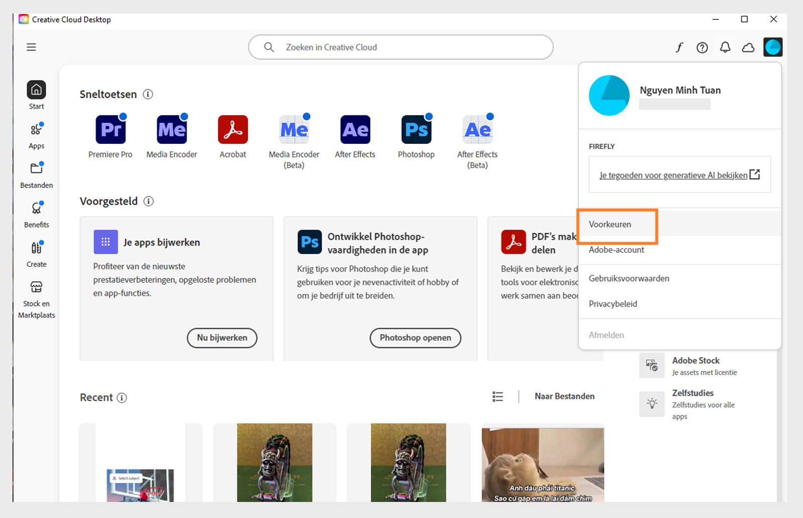 Het menu Account bevat opties zoals Voorkeuren, Afmelden en het aantal maandelijkse generatieve tegoeden voor generatieve AI-functies. 
