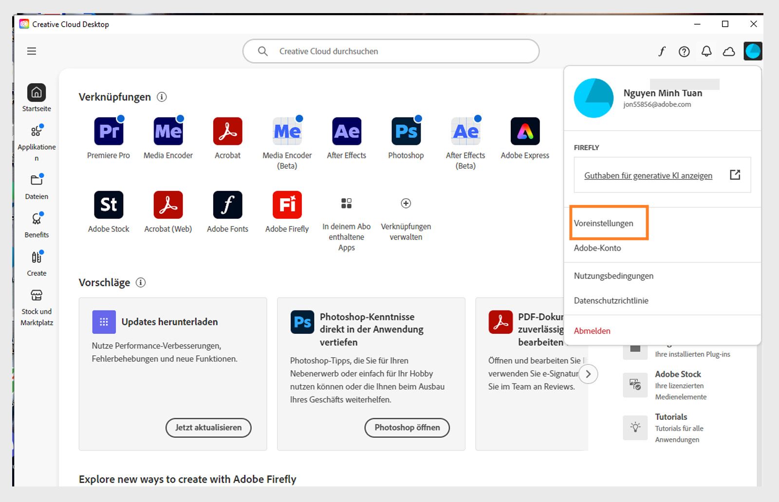 Auf dem Startbildschirm des Creative Cloud-Clients wird das Dropdown-Menü „Konto“ mit der Option „Abmelden“ angezeigt. 