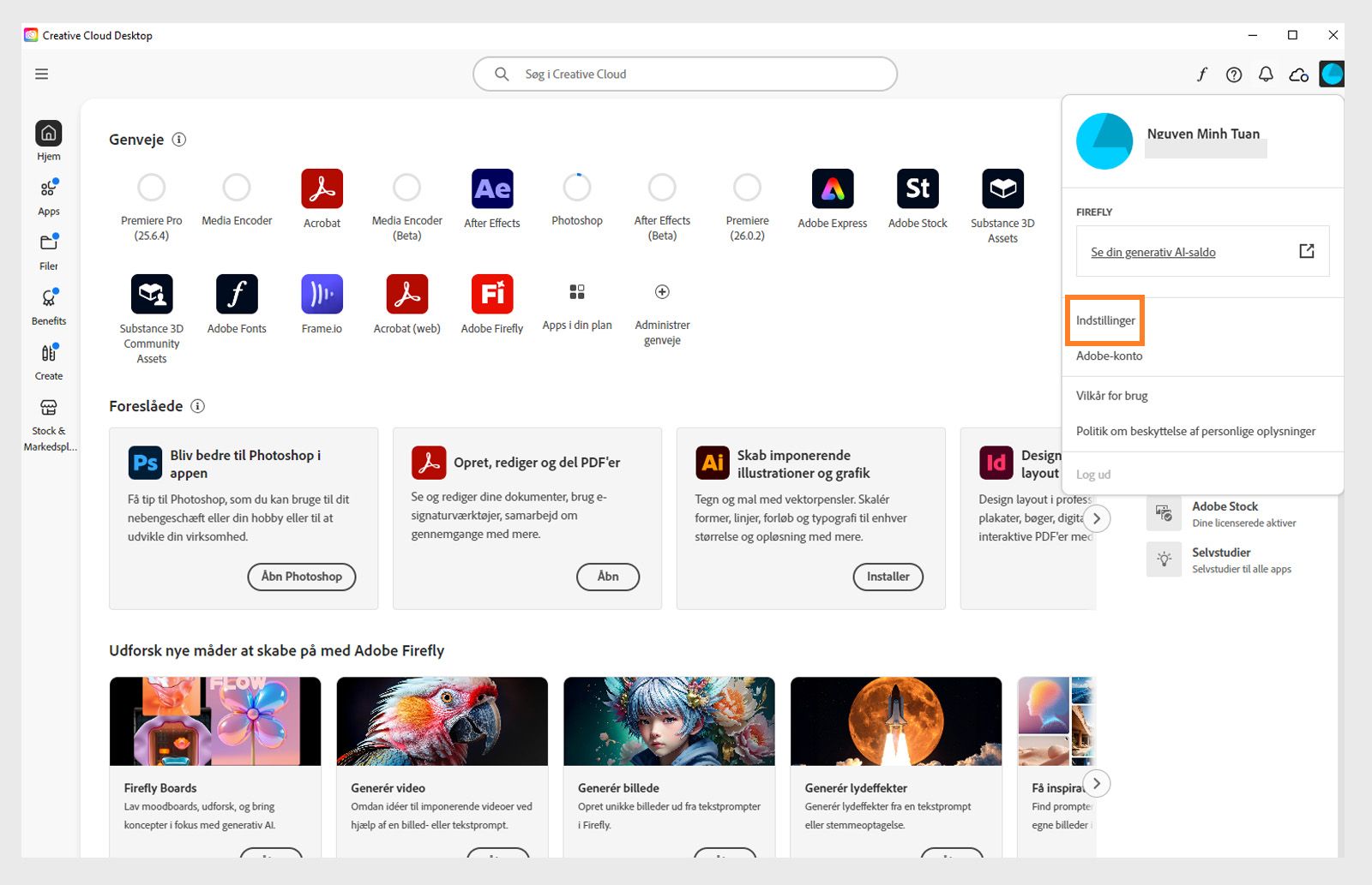 På startskærmen for Creative Cloud-computerappen vises Konto-rullemenuen med muligheden for at logge ud. 