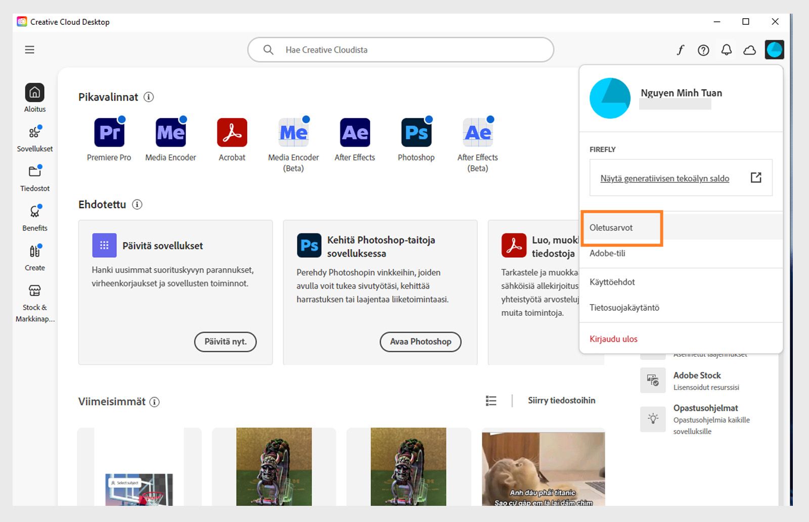Creative Cloud -tietokonesovelluksen aloitusnäytössä näkyy avattava Tili-valikko ja Kirjaudu ulos -vaihtoehto. 