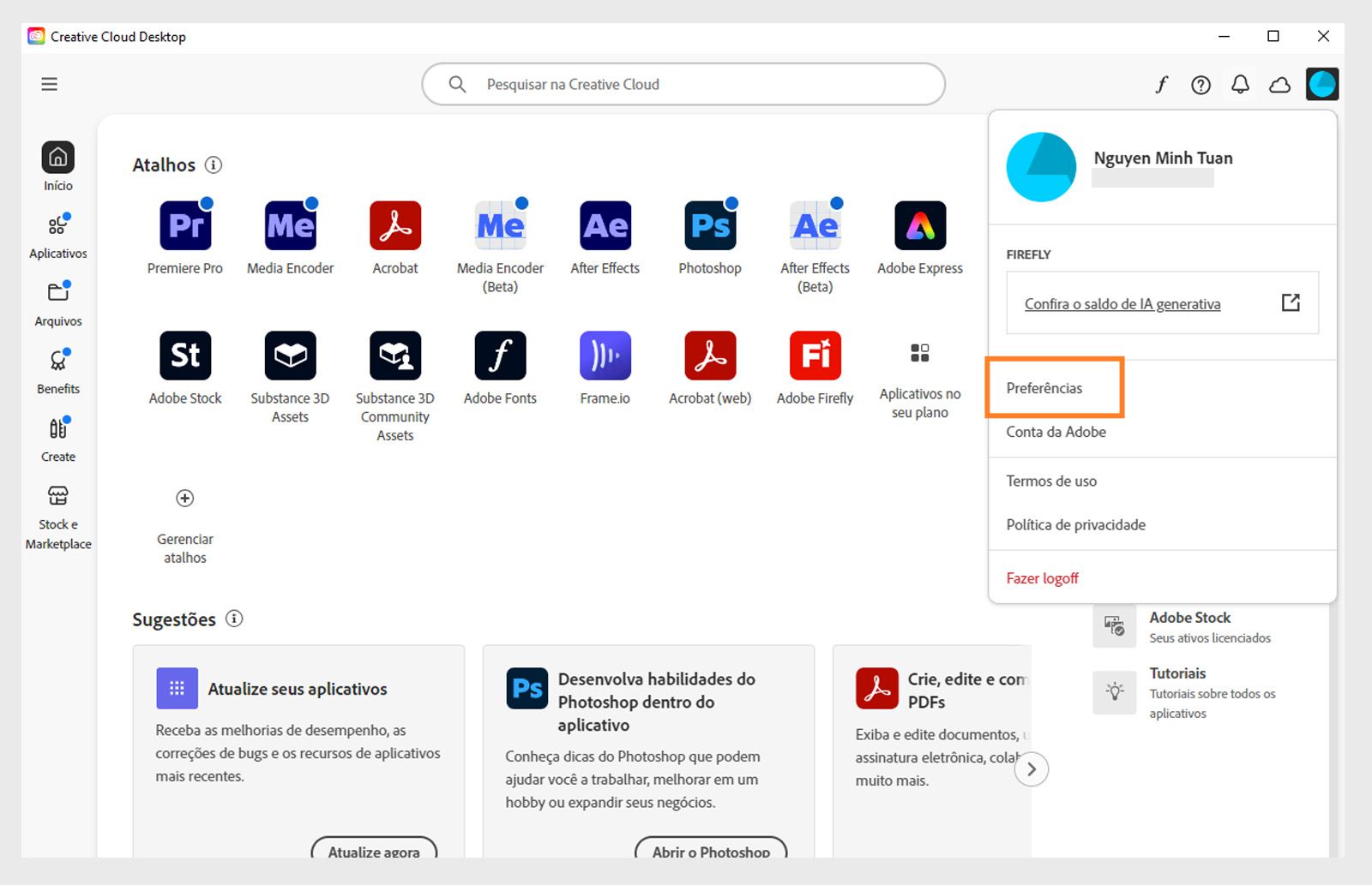 O menu Conta mostra opções como Preferências, Fazer logoff e os créditos generativos mensais de recursos da IA generativa. 