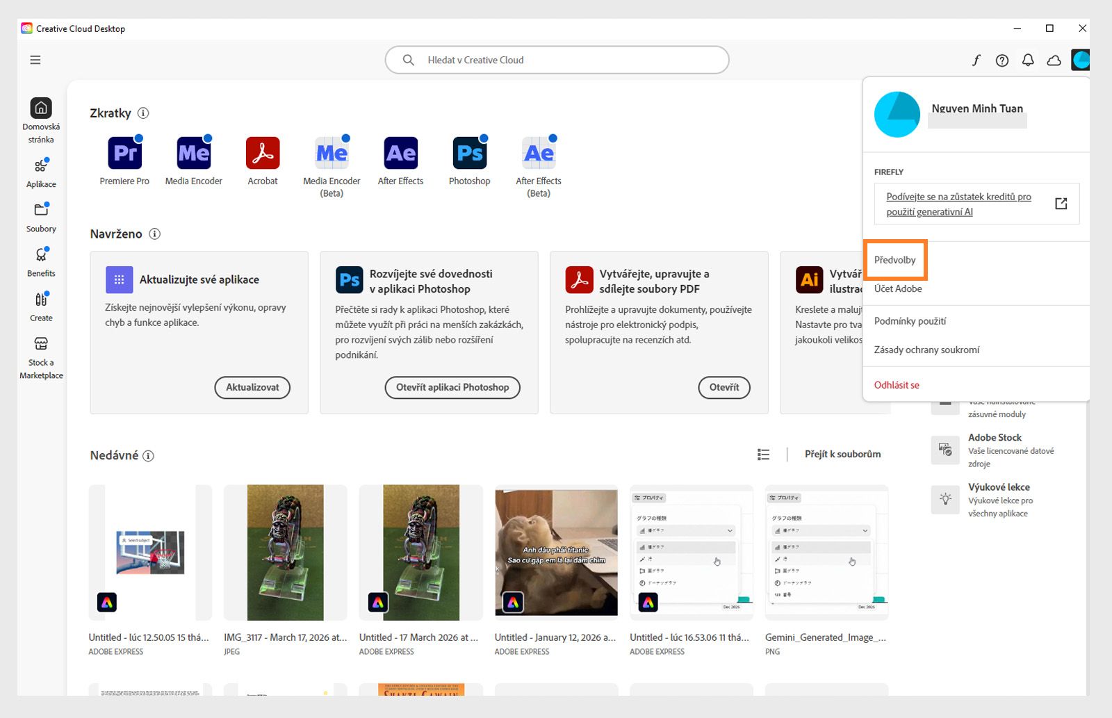 Domovská obrazovka aplikace Creative Cloud zobrazuje rozbalovací nabídku účtu s možností Odhlášení. 