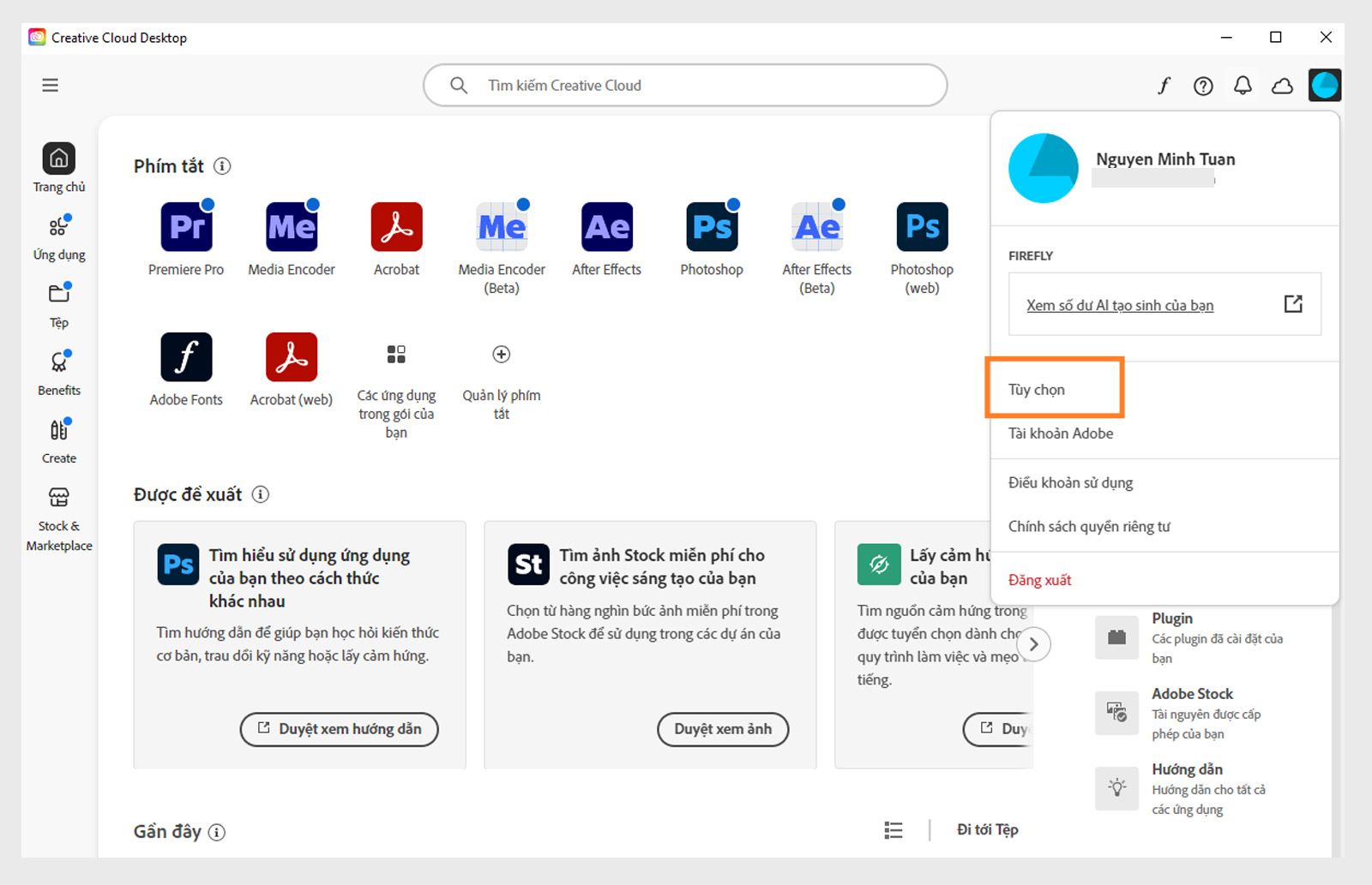 Màn hình chính của ứng dụng Creative Cloud cho máy tính để bàn hiển thị menu thả xuống Tài khoản với tùy chọn Đăng xuất. 