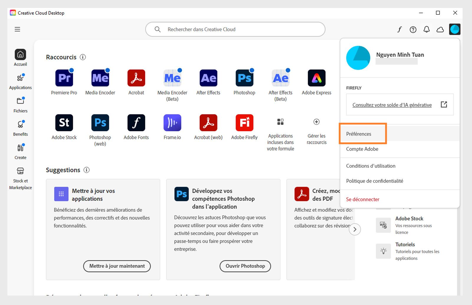Le menu Compte affiche des options telles que Préférences, Déconnexion et Crédits mensuels génératifs pour les fonctionnalités d’IA générative. 