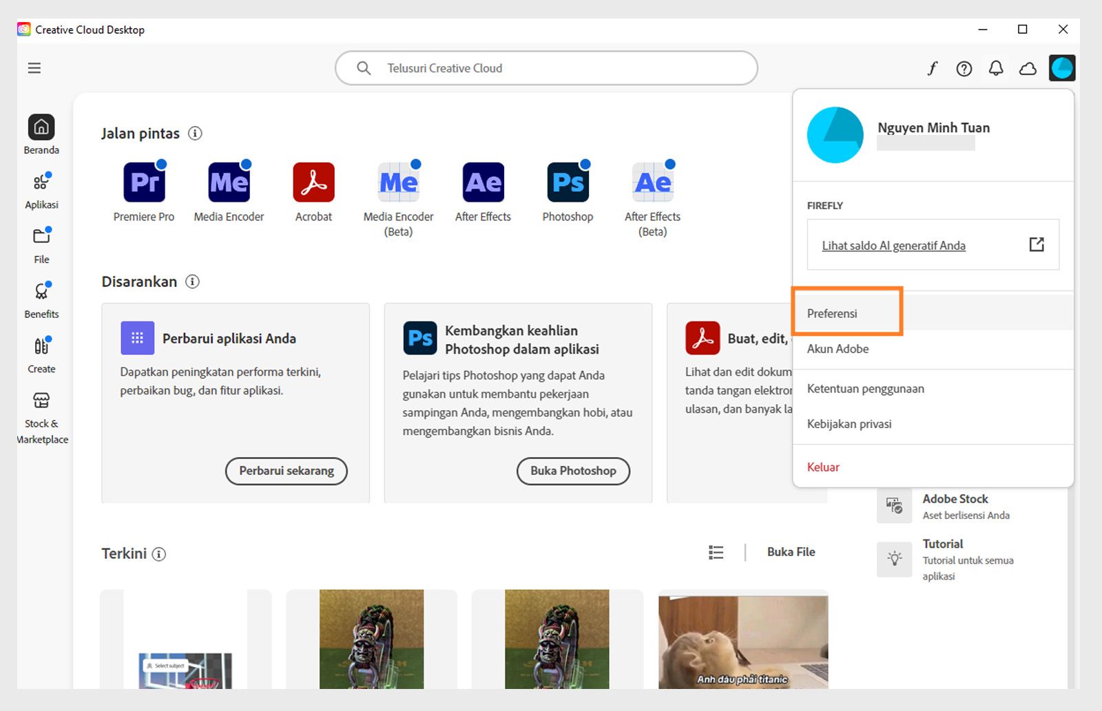 Layar beranda aplikasi desktop Creative Cloud menampilkan menu drop-down Akun dengan opsi untuk Logout. 